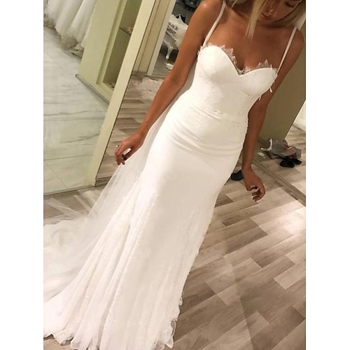 

Sheath / Column Wedding Dresses Spaghetti Strap Court Train Chiffon Sleeveless Beach with Lace 2022