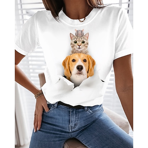 

Women's T shirt Tee White Animal Cat Print Short Sleeve Casual Daily Basic Round Neck Regular 3D Cat S / Dog