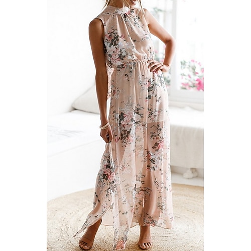 

Women's Long Dress Maxi Dress Photo Color Sleeveless Floral Split Spring Summer Crew Neck S M L XL