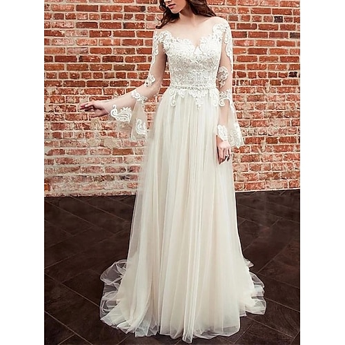 

Sheath / Column Wedding Dresses Jewel Neck Sweep / Brush Train Lace Tulle Long Sleeve Country Romantic with Pleats Appliques 2022