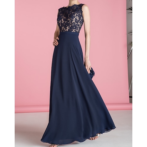 

A-Line Bridesmaid Dress Jewel Neck Sleeveless Elegant Floor Length Chiffon / Lace with Appliques 2022