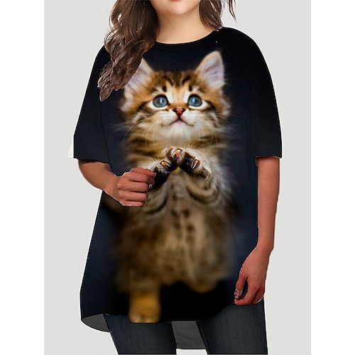 

delle donne più il formato t shirt vestito tee vestito gatto girocollo stampa mezza manica autunno primavera di base casual corto mini vestito casual vestito quotidiano grafico