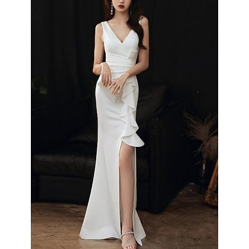 

Mermaid / Trumpet Minimalist Elegant Wedding Guest Formal Evening Dress V Neck Sleeveless Floor Length Stretch Fabric with Ruffles Slit 2022