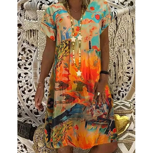 

Women's Casual Dress Midi Dress Blue Orange Red Short Sleeve Tie Dye Print Spring Summer V Neck Loose Fit S M L XL XXL 3XL