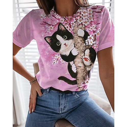 Women's 3D Cat Painting T shirt Floral Cat Graphic Print Round Neck Basic Tops Blushing Pink