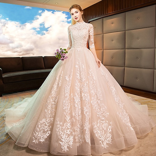 

Princess Ball Gown Wedding Dresses High Neck Chapel Train Lace Tulle Sequined Long Sleeve Formal Romantic Luxurious Sparkle & Shine with Sequin Appliques 2022 / Illusion Sleeve