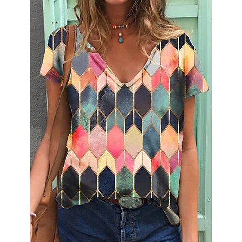 

Women's T shirt Tee Rainbow Color Block Print Short Sleeve Daily Basic V Neck Regular S / 3D Print