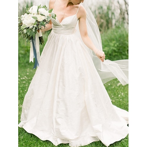 

A-Line Wedding Dresses V Neck Spaghetti Strap Court Train Satin Sleeveless Country Simple with Bow(s) 2022