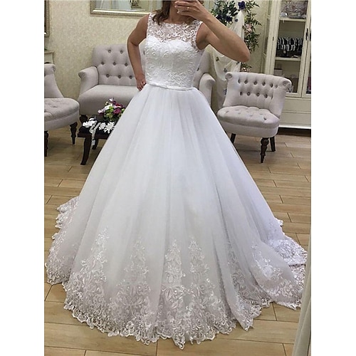 

Princess A-Line Wedding Dresses Jewel Neck Sweep / Brush Train Lace Tulle Sleeveless Country Romantic with Sashes / Ribbons Pleats Appliques 2022