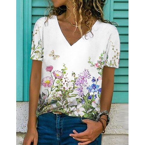 

Women's T shirt Tee White Graphic Floral Print Short Sleeve Daily Weekend Basic V Neck Regular Floral Painting S / 3D Print