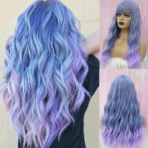 

Synthetic Wig Deep Wave Neat Bang Wig Medium Length A10 Synthetic Hair Women's Cosplay Party Fashion Blue Dark Gray