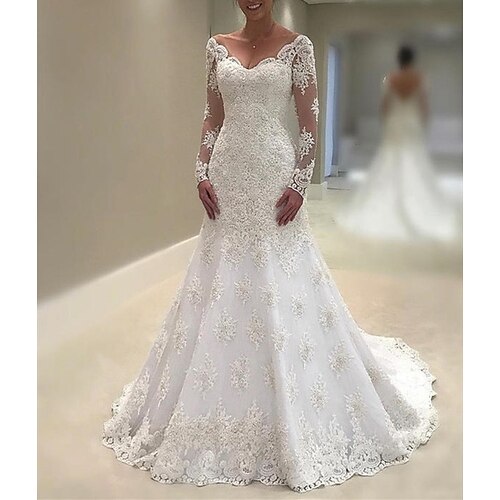 

Mermaid / Trumpet Wedding Dresses V Neck Court Train Lace Tulle Long Sleeve Country Romantic Luxurious with Pleats Appliques 2022