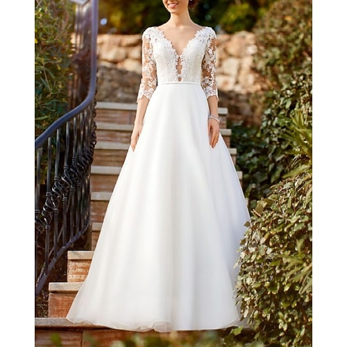 

A-Line Wedding Dresses V Neck Floor Length Lace Tulle 3/4 Length Sleeve Country Romantic with Appliques 2022