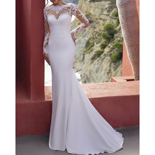 

Mermaid / Trumpet Wedding Dresses Jewel Neck Floor Length Lace Stretch Satin Long Sleeve Country Simple with Appliques 2022