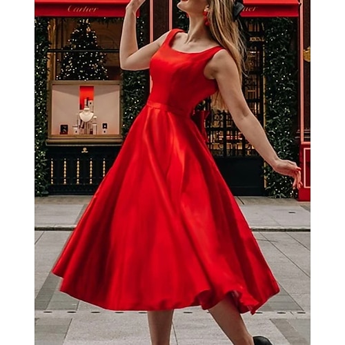 

A-Line Cocktail Dresses Beautiful Back Dress Homecoming Knee Length Sleeveless Scoop Neck Satin with Bow(s) Pleats 2022 / Cocktail Party