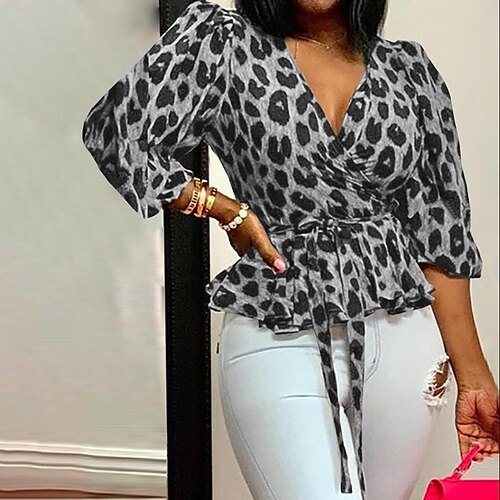

Women's Plus Size Tops Blouse Leopard Drawstring Print Half Sleeve V Neck Streetwear Daily Going out Cotton Blend Spring Fall Gray Yellow / Loose Fit