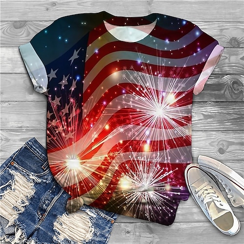 

Women's Plus Size Tops T shirt Tee Graphic Flag Print Short Sleeve Crewneck Basic Daily Cotton Spandex Jersey Spring Summer Red