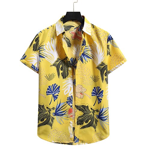 

Women's Casual Holiday Weekend Floral Blouse Shirt Leaves Short Sleeve Button Print Shirt Collar Casual Hawaiian Beach Tops White Black Yellow S / 3D Print