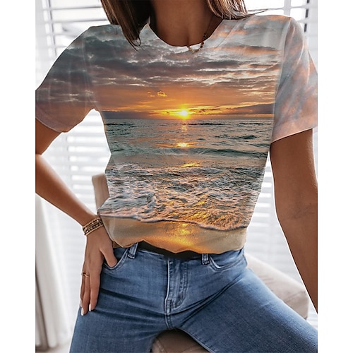 

Women's T shirt Tee Green Yellow Gray Graphic Scenery Print Short Sleeve Holiday Weekend Basic Beach Round Neck Regular 3D Printed Painting S