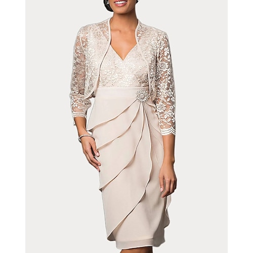 

Two Piece Sheath / Column Mother of the Bride Dress Elegant V Neck Knee Length Chiffon Lace 3/4 Length Sleeve Wrap Included with Embroidery Cascading Ruffles 2022