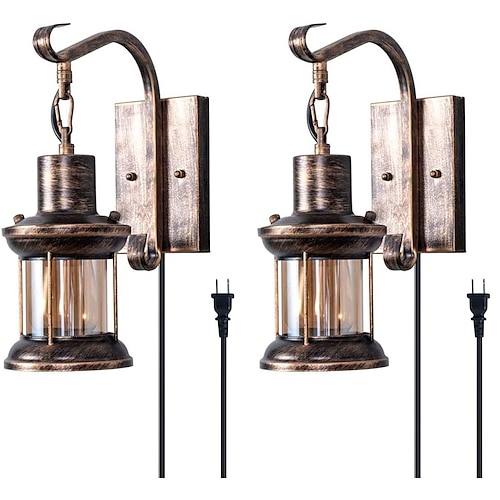 

Rustic Wall Light 2-in-1 Oil Rubbed Bronze Vintage Wall Light Bedside Lamp Fixtures Hardwired Plug In Industrial Glass Shade Lantern Lighting Retro Lamp Metal Wall Sconce EU/US Plug AC110V AC220V