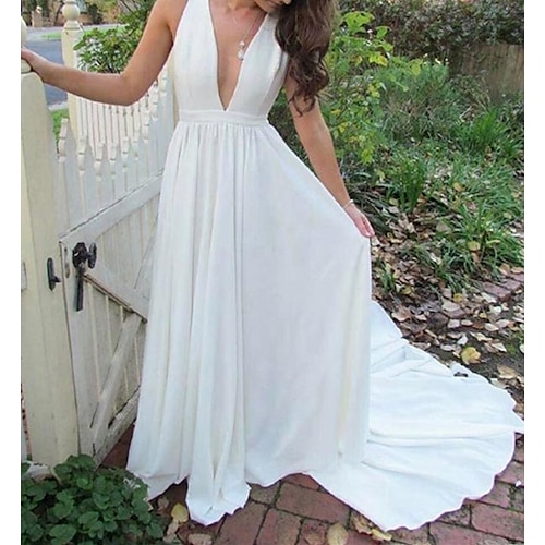 

Sheath / Column Wedding Dresses Plunging Neck Court Train Stretch Satin Sleeveless Country Simple with Pleats 2022