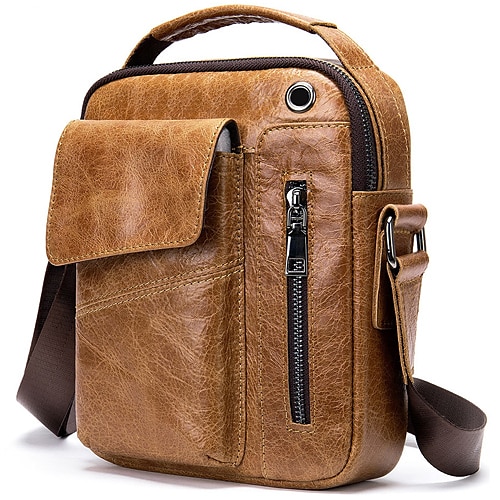 

Men's 2022 Messenger Bag Crossbody Bag Nappa Leather Cowhide Zipper Solid Color Daily Going out Black Brown Coffee