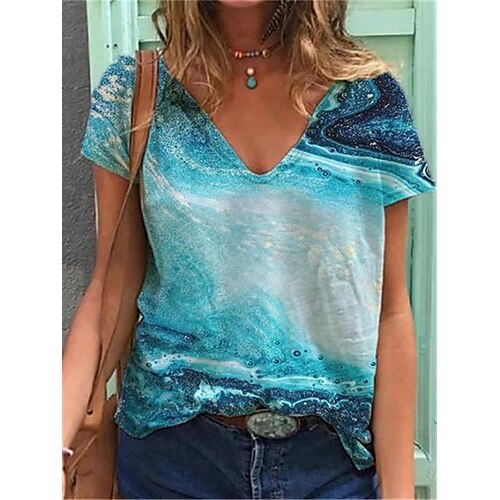 

Women's T shirt Tee Blue Purple Pink Graphic Print Short Sleeve Daily Going out Basic V Neck Regular Loose Fit S / 3D Print