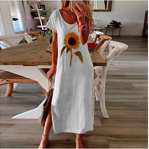 

Women's Long Dress Maxi Dress Black Yellow White Short Sleeve Floral Split Spring Summer Crew Neck Loose Fit S M L XL XXL 3XL 4XL 5XL