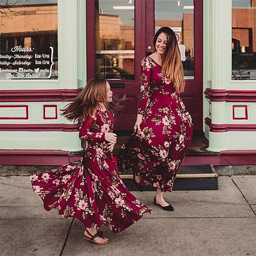 

Mommy and Me Dresses Floral Daily Print Red Long Sleeve Maxi Daily Matching Outfits / Fall / Winter