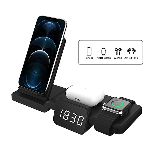 

4 in 1 Wireless Charger with LED Digital Clock 15W Fast Charging Wireless Station for iPhone 14 13 12 11 Pro Max Xr Xs Samsung S22 S21 S20 Apple Watch Ultra 8 7 6 5 4 SE Air pods Pro 2