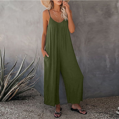 

Women's Jumpsuit Solid Color V Neck Casual Daily Summer Sling Pocket Casual Trousers Strapless Belted Wide Leg Playsuit Romper