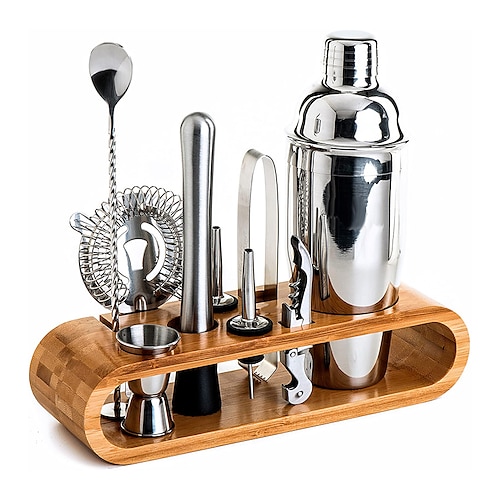 

10-Piece Shaker Set Bar Tool Set with Stylish Bamboo Stand Bartender Kit Barware Sets Martini Cocktail Shaker Set Stainless Steel