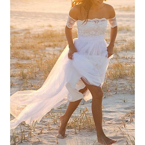 

A-Line Wedding Dresses Off Shoulder Court Train Lace Tulle Short Sleeve Country Romantic Beach with Appliques 2022