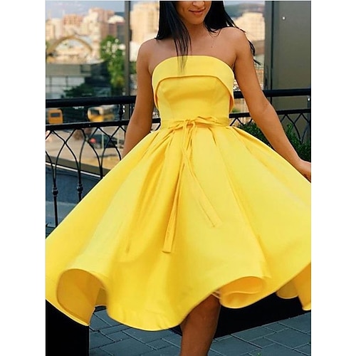 

A-Line Vintage Sexy Homecoming Cocktail Party Dress Strapless Sleeveless Knee Length Satin with Pleats 2022