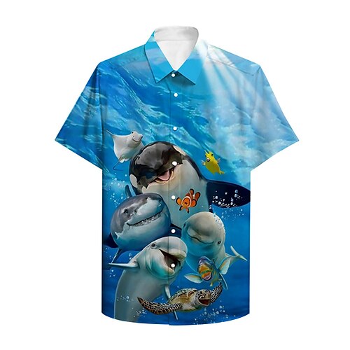 Voor heren Overhemd 3D-afdrukken Grafische prints Vissen dier Button-omlaag Opdruk Korte mouw Dagelijks Tops Informeel Ontwerper Groot en klein blauw / Zomer