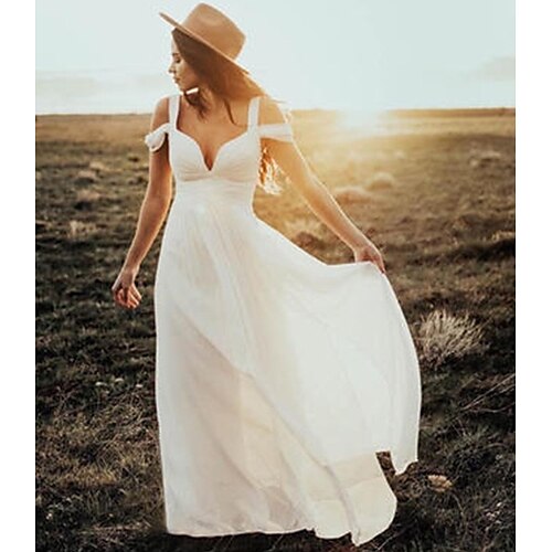 

Sheath / Column Wedding Dresses V Neck Floor Length Chiffon Short Sleeve Country Simple Beach with Pleats 2022