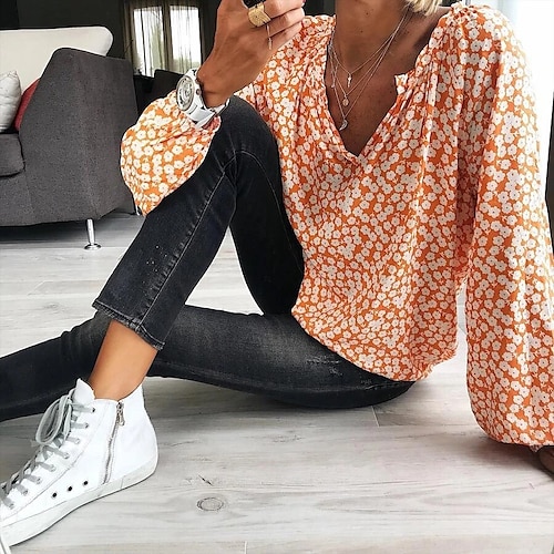 

Women's Blouse Flower Daily Weekend Blouse Shirt Long Sleeve Print V Neck Casual Streetwear Blue Gray Yellow S
