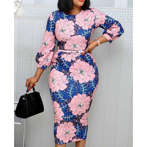 

Women's Plus Size Party Dress Floral Crew Neck Print Long Sleeve Fall Winter Work Casual Prom Dress Knee Length Dress Daily Work Dress