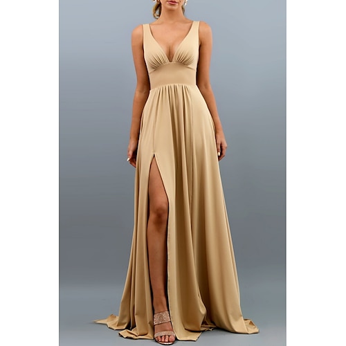 

A-Line Bridesmaid Dress V Neck Sleeveless Beautiful Back Sweep / Brush Train Spandex with Split Front 2022
