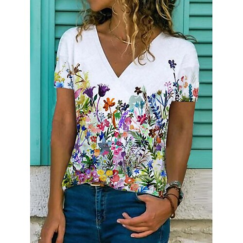 

Women's Floral Theme T shirt Floral Graphic Flower Print V Neck Basic Tops Blue White Black / 3D Print