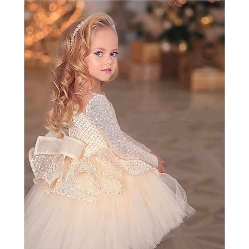 

Wedding Party Princess Flower Girl Dresses Jewel Neck Asymmetrical Tulle Sequined Winter Fall with Bow(s) Appliques Cute Girls' Party Dress Fit 3-16 Years