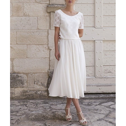 

Sheath / Column Wedding Dresses Jewel Neck Tea Length Lace Short Sleeve Country Romantic with 2022
