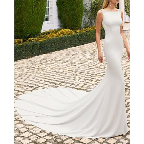 

Mermaid / Trumpet Wedding Dresses Jewel Neck Chapel Train Italy Satin Sleeveless Country Simple with 2022