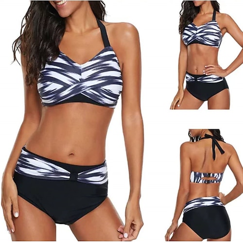 

Women's Tankini Two Piece Swimsuit Halter Bathing Suit Swimwear Blue Black Breathable Quick Dry Comfortable Sleeveless - Swimming Surfing Beach Summer Plus Size