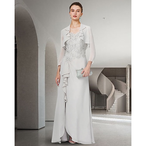 

Two Piece Sheath / Column Mother of the Bride Dress Elegant Jewel Neck Floor Length Chiffon Lace 3/4 Length Sleeve Wrap Included with Ruffles Appliques 2022