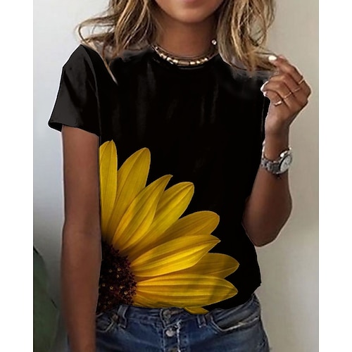 

Women's T shirt Tee White Black Graphic Floral Print Short Sleeve Daily Weekend Basic Round Neck Regular Floral Sunflower 3D Printed S