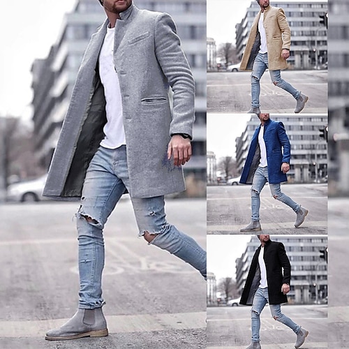 

Men's Trench Coat Overcoat Daily Work Winter Long Coat Notch lapel collar Regular Fit Warm Jacket Long Sleeve Solid Colored Classic Style Black Gray Khaki