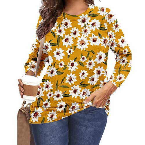 

Mulheres Plus Size Blusas Camiseta Estampado Floral Gráfico Margarida Tamanho grande Crewneck Manga Longa Tamanho grande XL XXL 3XL 4XL 5XL Preto Amarelo / Tamanhos Grandes