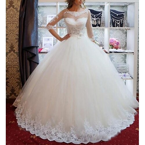 

Princess Ball Gown Wedding Dresses Jewel Neck Floor Length Lace Tulle Half Sleeve Formal Romantic Luxurious with Bow(s) Appliques 2022